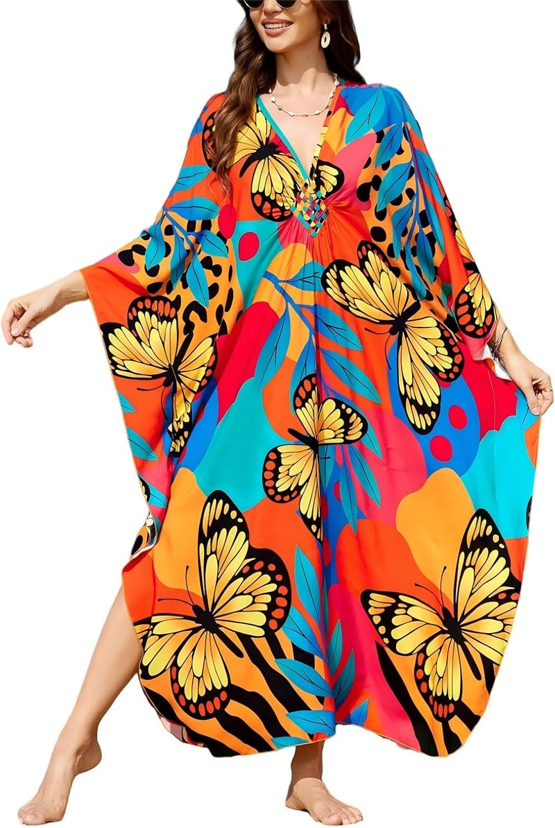 IMAGEKOPE Women's Plus Size Animal Print V-Neck Batwing Kaftan Beach Dress Bathing Suit Cover-Up Loungewear - Image 1